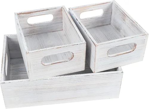 Miniatura 10 de PHOENANCEE Cajas de madera para exhibición, cajas decorativas rústicas de almacenamiento, juego de 3, caja anidable de madera con asas, cesta