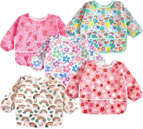 PandaEar Paquete de 5 baberos de manga larga para bebé, babero impermeable de manga completa para bebés de 6 a 36 meses Rosa