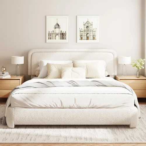 Miniatura 23 de Base de cama Boucle tamaño King, plataforma tapizada en nube con cabecero ajustable en altura y esquinas redondeadas suaves, no necesita somier, sin