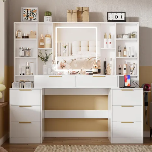 Miniatura 8 de FURNJOYLIFE Escritorio grande de maquillaje con espejo iluminado y toma de corriente, tocador con 3 modos de iluminación ajustable, cajones