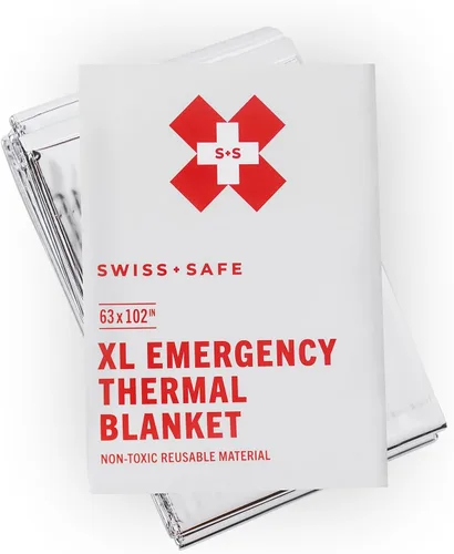 Swiss Safe Mantas térmicas de Mylar de emergencia XL + manta espacial adicional, compacta y aislada para clima frío, diseñada para la NASA, Plata XL
