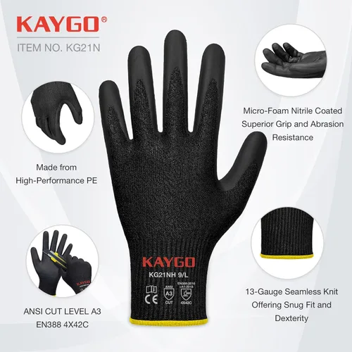 Miniatura 2 de KAYGO 2 pares de guantes de trabajo resistentes a cortes para hombres y mujeres, guantes de corte ANSI A3, guantes de trabajo de seguridad de Negro