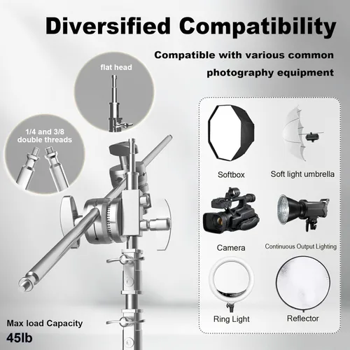 Miniatura 4 de Soporte C con brazo de pluma, kit de soporte de luz para fotografía - Soporte en C resistente con poste de acero inoxidable de 6.8 pies/210cm, brazo