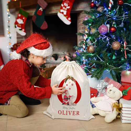 Miniatura 4 de JugJug Bolsas de regalo personalizadas de Navidad con inicial y nombre, cajas de lona de Santa Claus, bolsas de Navidad con cordón para niños