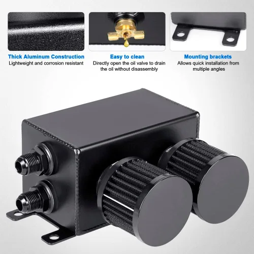 Miniatura 2 de JDMON AN8 1.2L tanque de retención de aceite de motor de doble filtro, tanque grande de depósito de aceite de doble respiradero doble, color negro