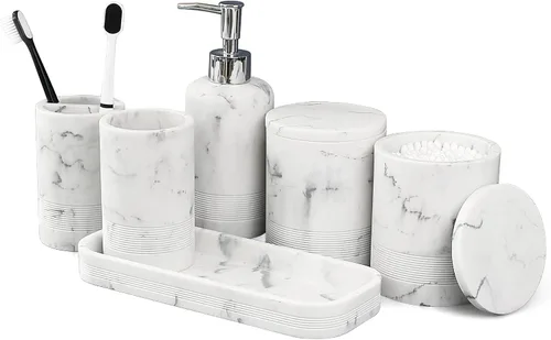 Miniatura 10 de LIN CHUAN Juego de accesorios de baño de 6 piezas, juego de accesorios de baño con dispensador de jabón, juego de soporte para cepillos de dientes