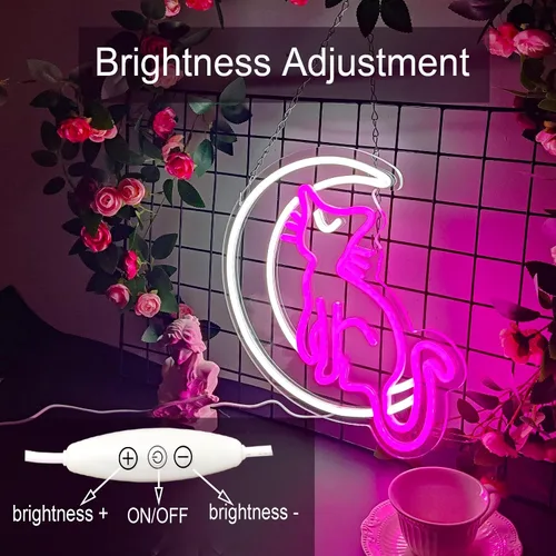 Miniatura 2 de SmilingTown Letreros de neón rosa y blanco para decoración de pared, funciona con USB, luces decorativas de neón de luna y gato para el hogar