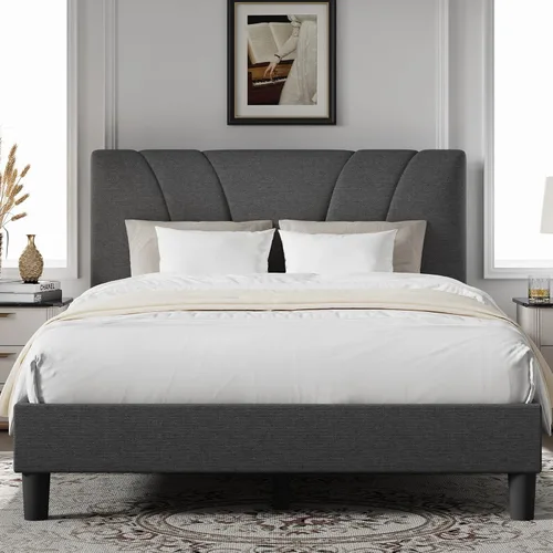 Miniatura 12 de Novilla Base de cama tamaño King con cabecera ajustable, marco de cama King, cabecera tapizada de tela de lino, no necesita somier, sin ruido, Beige