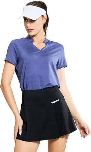 Miniatura 2 de MIER Polo de golf para mujer, sin cuello, UPF 50+, manga corta, para tenis, correr, cuello en V