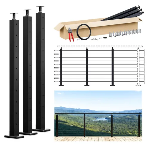 Miniatura 10 de Muzata Paquete de 4 postes de barandilla de cable negro de 36 pulgadas, 36 x 2 x 2 pulgadas, montaje en superficie perforada de nivel T304, kit