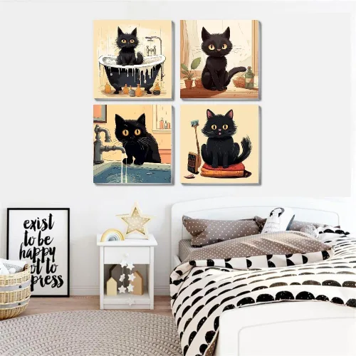 Miniatura 4 de Divertido kit de pintura por números de gato negro para adultos principiantes, paquete de 4 kits de pintura al óleo acrílica de gato negro