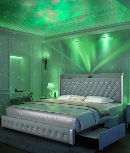 Miniatura 9 de GEGOFORU Base de cama Queen con luces LED y proyector de galaxia, moderna plataforma con respaldo alado con 4 cajones de almacenamiento, puertos