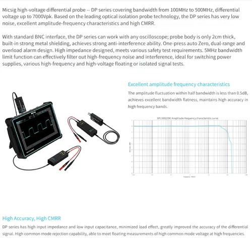Miniatura 6 de Micsig Kit de sonda diferencial de alto voltaje 700V 100MHz 3.5ns Tiempo de subida 10X/100X Tasa de atenuación Osciloscopio Kit Kit Accesorio DP10007