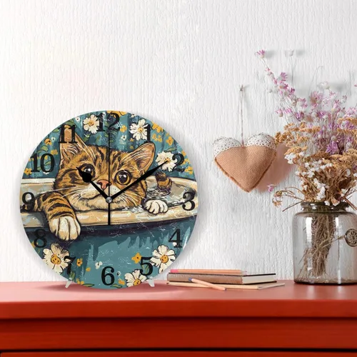 Miniatura 2 de Reloj redondo de montaje en pared de 10 pulgadas silencioso dibujos animados Bengala gatos retro bañera simple para el hogar dormitorio dormitorio