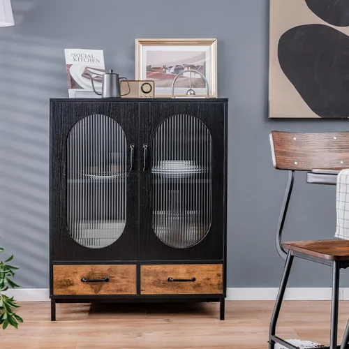 Miniatura 9 de Giantex Armario buffet con 2 cajones, aparador de madera, armario de pie de 2 niveles con puertas de vidrio templado, gabinete de almacenamiento