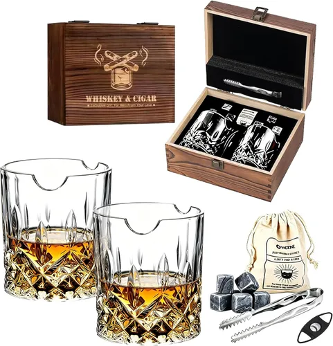 Miniatura 8 de Juego de vasos de cigarro de whisky, piedras de whisky, vasos de whisky antiguos con soporte para puros, regalo de lujo para hombres, marido