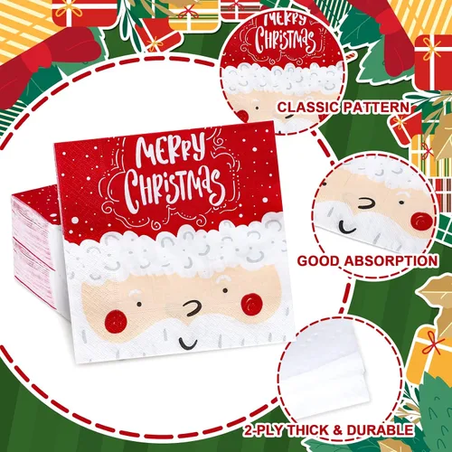 Miniatura 3 de Whaline Paquete de 100 servilletas de papel con diseño de Papá Noel, servilletas desechables rojas y blancas para el almuerzo, servilletas