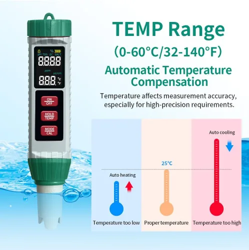 Miniatura 6 de Medidor de pH y probador de sal de piscina, medidor digital 5 en 1 de salinidad pH EC temperatura TDS para calidad del agua, probador de agua