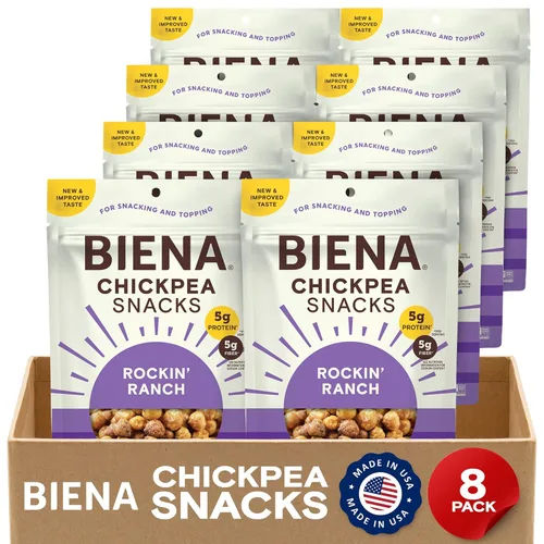 Miniatura 15 de BIENA Chickpea Snacks - Garbanzos tostados crujientes - Snacks ricos en fibra y proteína para adultos y niños - Paquete de 4, bolsas de 5 onzas
