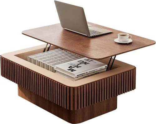 Miniatura 18 de Mesa de café cuadrada pequeña con almacenamiento, mesa de café moderna de madera con chapa de madera maciza, mesa central estriada