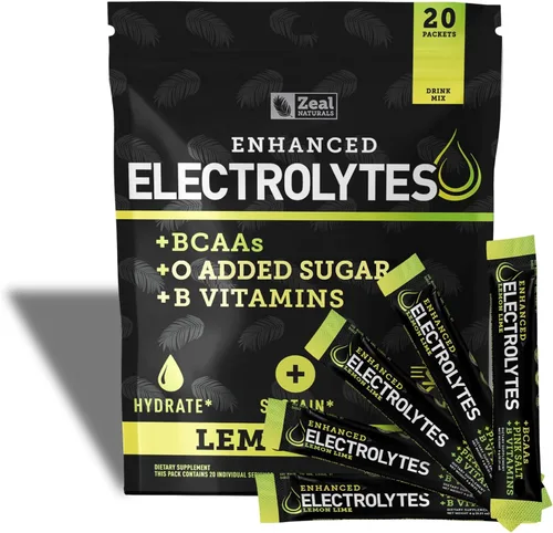 Miniatura 12 de Paquetes de electrolitos mejorados en polvo (fresa y kiwi 20 paquetes) con 0 azúcar+BCAA + suplemento de electrolitos de vitaminas B con zinc