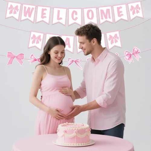 Miniatura 7 de Decoraciones de baby shower, 3 piezas de letrero de bienvenida para bebé, carteles con temática de lazos rosados, suministros para fiesta