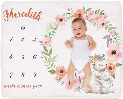 Miniatura 29 de Manta de hito para bebé personalizada con nombre, manta personalizada de flores en forma de mariposa con tabla de crecimiento calendario, manta
