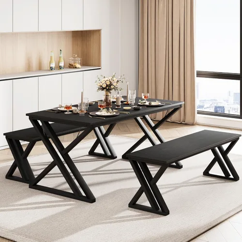 Miniatura 10 de GarveeHome Mesa de cocina con 2 bancos, juego de mesa de comedor para 4 personas con mesa de mármol sintético, juego de mesa de comedor que ahorra