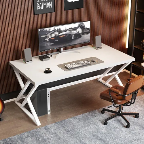 Miniatura 3 de LVB Escritorio Moderno Blanco para Computadora, Escritorio Industrial Largo para Oficina en Casa para Estudiante, Escritorio Grande de Metal y Roble