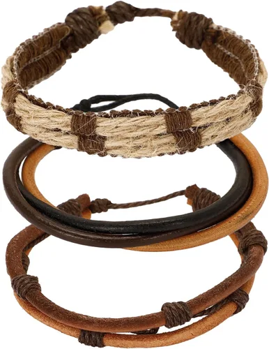 Goufaju 3 pulseras de cuero vintage para hombres y mujeres, ajustables, pulseras de cuero trenzadas multicapa de cuero marrón