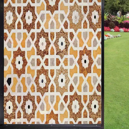 Película de privacidad antigua para ventana, detalle de incrustaciones y tallas geométricas, arquitectura de la tumba del Taj Mahal, película de