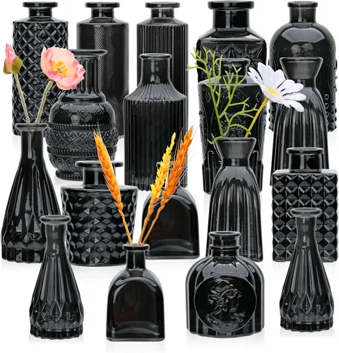 Miniatura 18 de Juego de jarrones de flores negros, jarrón de cristal a granel juego de 8, mini jarrones de sabor artístico y cultural para decoración de oficina