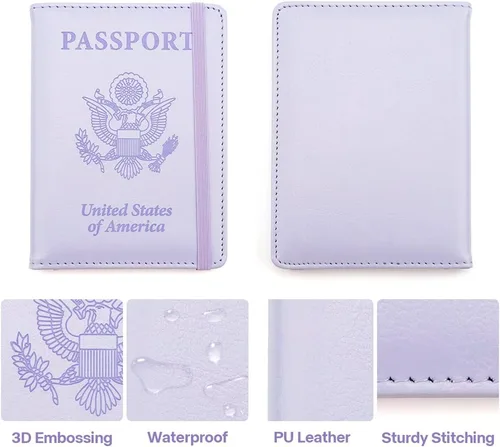Miniatura 4 de Soporte para pasaporte y tarjetero de vacuna, cartera para pasaporte, funda para pasaporte con bloqueo RFID, Púrpura, Compacto