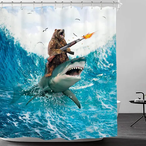 Miniatura 11 de Divertida cortina de ducha con diseño de gato de surf, tiburón, divertida, náutico, océano, océano, mar, ondas, animales, novedad, 72 pulgadas