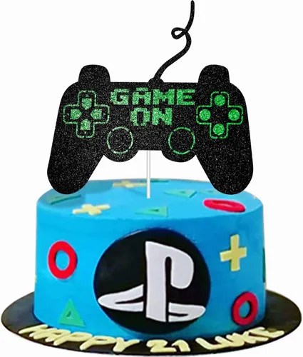 Game On Big Cake Topper – Controlador de videojuegos dorado negro y verde para decoración de pasteles para niños y niños, suministros de fiesta de