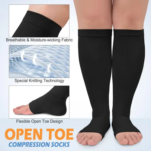 Miniatura 3 de Paquete de 3 calcetines de compresión de cobre para mujeres y hombres, 20-30 mmHg con punta abierta hasta la rodilla, medias altas para soporte