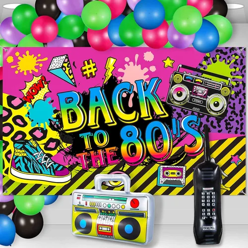 Xuhal Decoraciones de fiesta de los años 80, pancarta de fondo de fiesta de regreso a los 80 con radio inflable Boombox y teléfono móvil, globos de