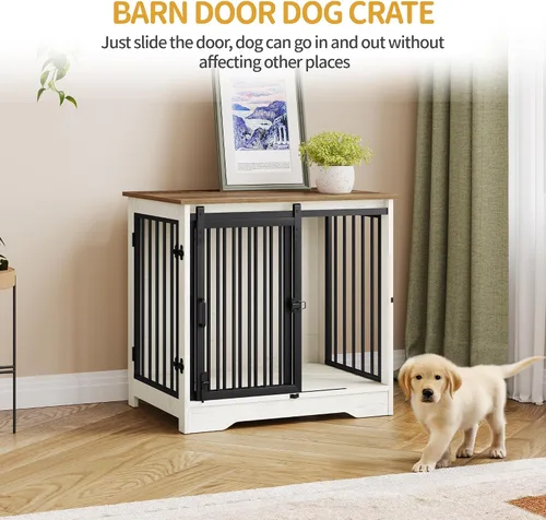 Miniatura 7 de Hzuaneri Mueble de jaula para perros de 27.2 pulgadas con puerta de granero, perrera resistente para interiores con 2 puertas, mesa auxiliar