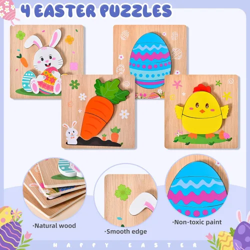 Miniatura 9 de Paquete de 4 rompecabezas de madera de Pascua para niños y niñas pequeños, rompecabezas de juguetes para cestas de Pascua, regalos de fiesta