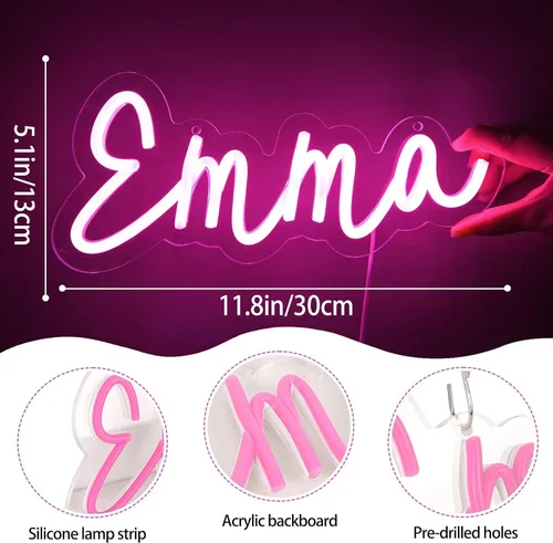 Miniatura 3 de Letrero de neón Emma para decoración de pared, luz LED con nombre para dormitorio de niños, decoración de fiesta de cumpleaños, tamaño 11.8 x 5.1