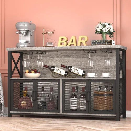 Miniatura 7 de LVB Licor Home - Armario de bar industrial para café para licor y vasos, aparador moderno de granja con estante de almacenamiento para vino, cocina