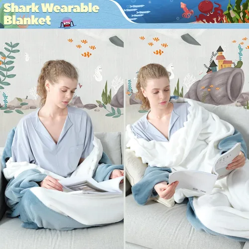 Miniatura 4 de Touchat Manta de Tiburón, Disfraz de Enterizo para Adulto, Manta Suave y Acogedora de Franela con Dibujos de Animales para Cosplay, Manta con Azul