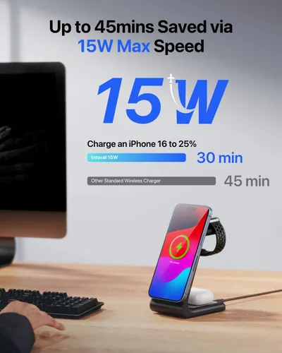 Miniatura 2 de Intoval Estación de carga inalámbrica 3 en 1 para iPhone y Apple Watch, soporte de cargador inalámbrico rápido, base de carga de escritorio compacta