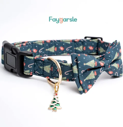 Miniatura 3 de Collar de algodón para perros de Navidad con pajarita, collares de perro verde para hembras, machos, perros pequeños, medianos y grandes, con dije