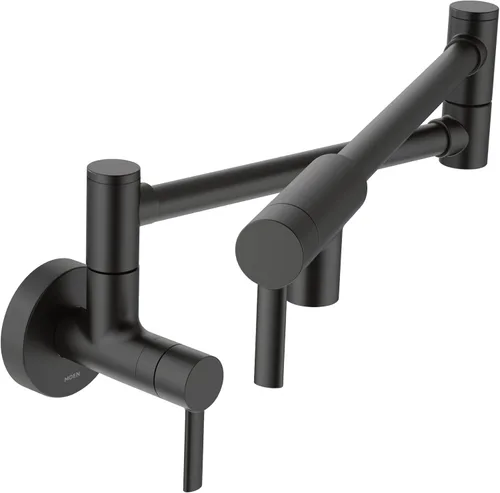 Moen Llenador de ollas de montaje en pared plegable con brazo oscilante moderno negro mate, grifo de estufa de cocina de doble articulación, S665BL