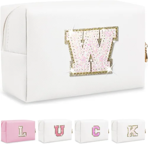 Miniatura 27 de Bolsa de maquillaje con parche de letra inicial personalizada, bolsa de cosméticos de chenilla preppy con letra de chenilla con cremallera, Y