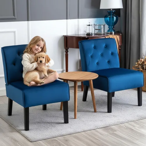Miniatura 9 de Container Furniture Direct Reese - Silla moderna de mediados de siglo para sala de estar, sin brazos, con botones y patas de madera maciza, 2 Azul