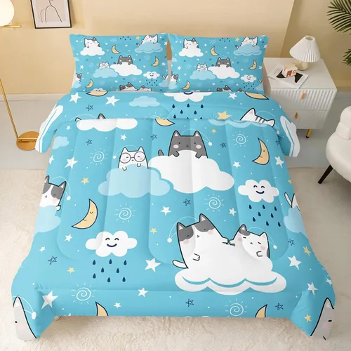 Miniatura 2 de QOOMO - Juego de edredón de tamaño individual con gatos, juego de edredón azul con nubes para niños, adolescentes, niñas y niños, juego de cama de 3