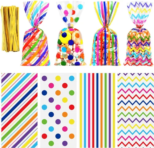 Aneco Paquete de 100 bolsas de celofán arcoíris de 10.6 x 5.1 pulgadas, bolsas de plástico para dulces, bolsas de regalo, bolsas de regalo con lazos