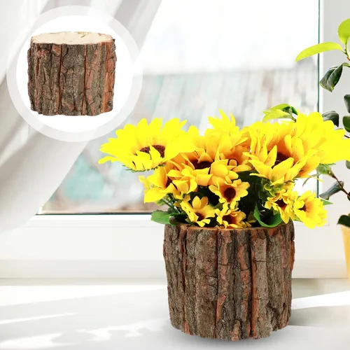 Miniatura 7 de Yardwe 3 macetas rústicas con diseño de corteza, macetas decorativas de aspecto de madera para suculentas, recipientes pequeños para plantas